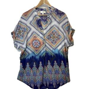 Piarossini Resort Wear Blouse M/L Boho Tunic Sheer Colorful Print Top